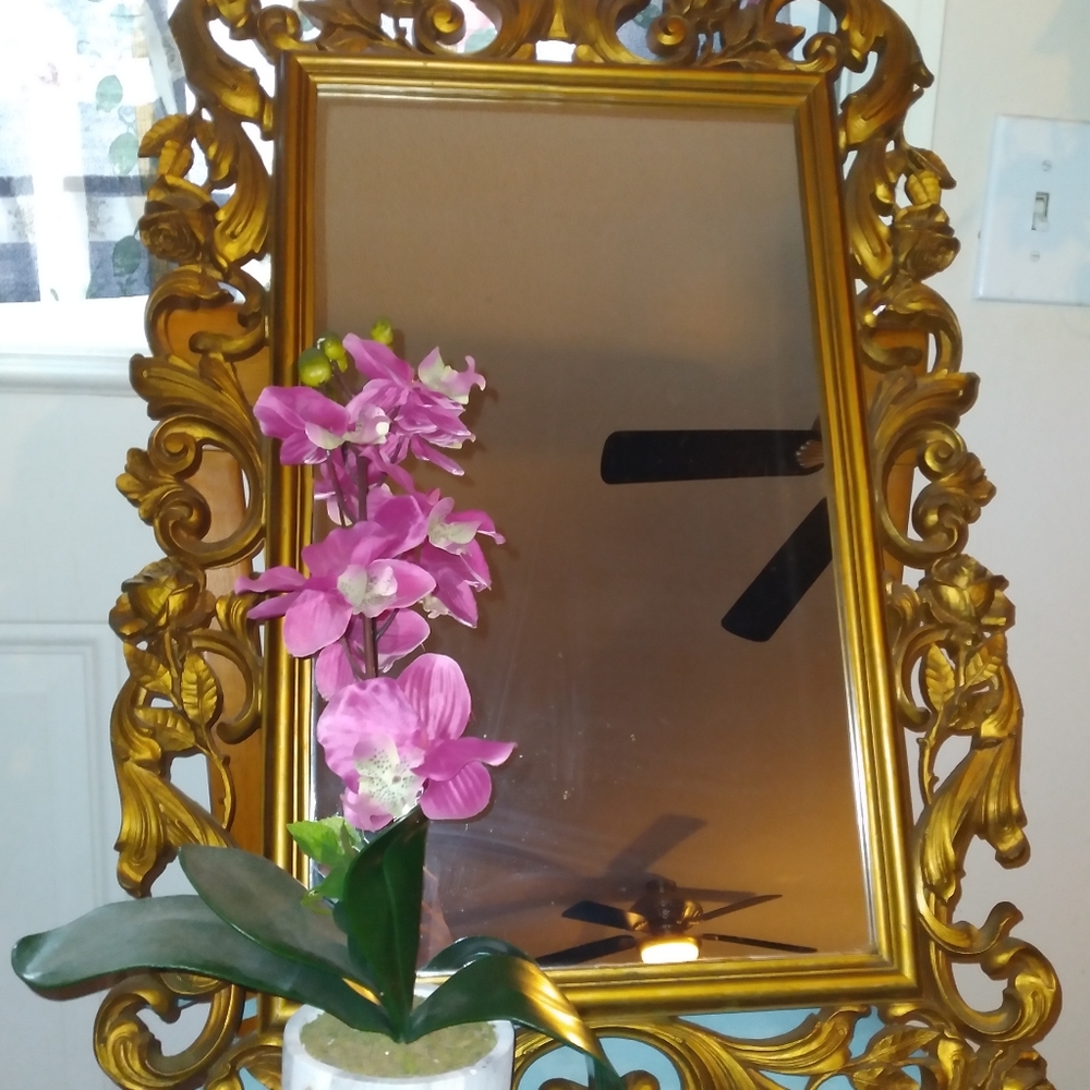 Vtg.1977 Homco Syroco Rectangle ornate mirror- Goldw/roses#2075 HollywoodRegency